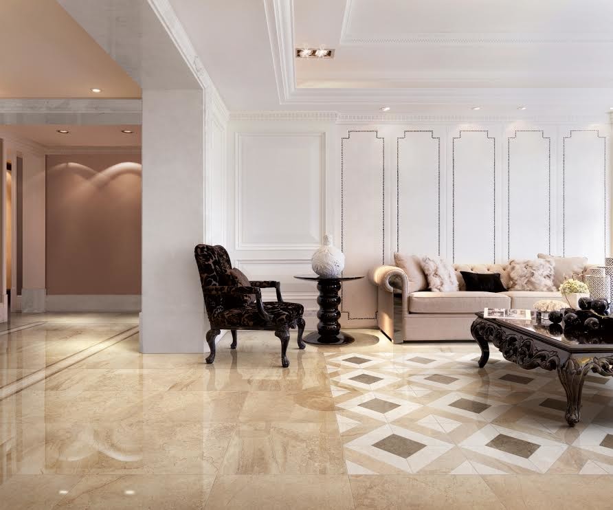 Идея дизайна: большая парадная, открытая гостиная комната в классическом стиле с белыми стенами и полом из керамогранита без камина, телевизора