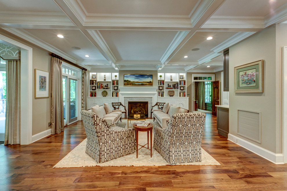 Inspiration for a large classic formal open plan living room in Raleigh with grey walls, dark hardwood flooring, a standard fireplace, a stone fireplace surround and no tv.
