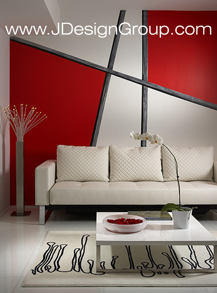 Mittelgroßes, Repräsentatives Modernes Wohnzimmer mit bunten Wänden, Marmorboden und weißem Boden in Miami