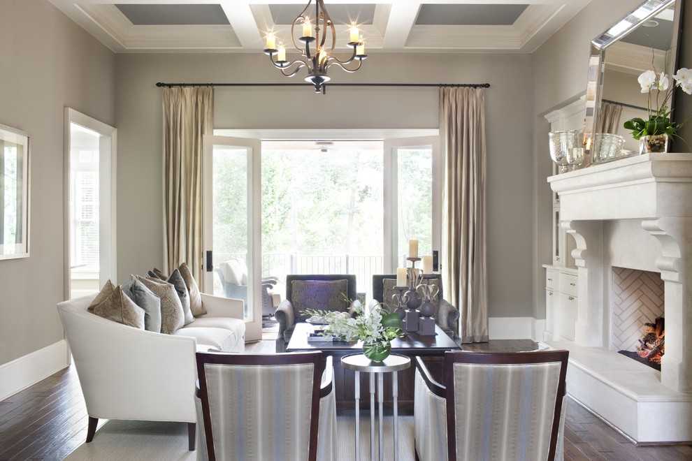 Inspiration for a large timeless living room remodel in Atlanta with gray walls and a standard fireplace