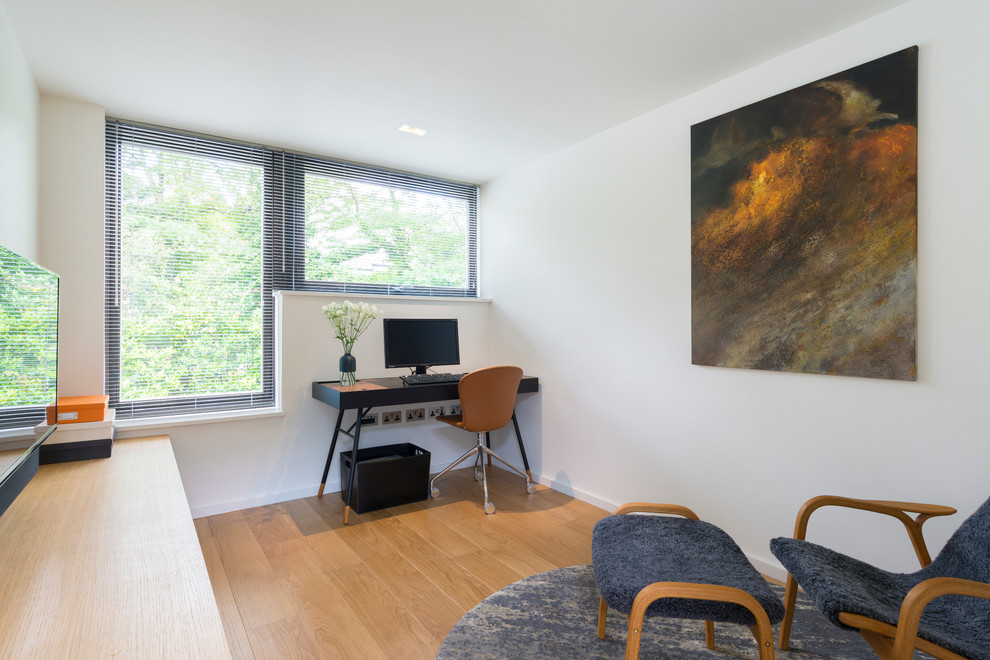 Imagen de salón cerrado minimalista con paredes blancas y suelo de madera en tonos medios