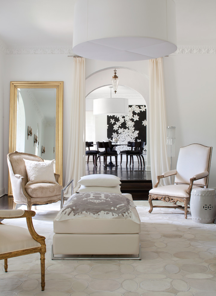 Свежая идея для дизайна: парадная гостиная комната в современном стиле с белыми стенами и ковром на полу - отличное фото интерьера