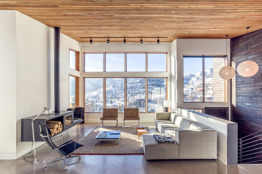 Offenes Modernes Wohnzimmer mit weißer Wandfarbe, Betonboden und Hängekamin in Salt Lake City