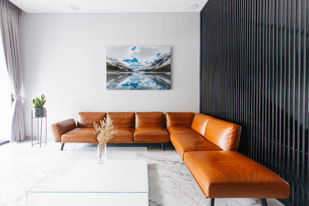 Idee per un soggiorno design con pareti grigie e pavimento grigio