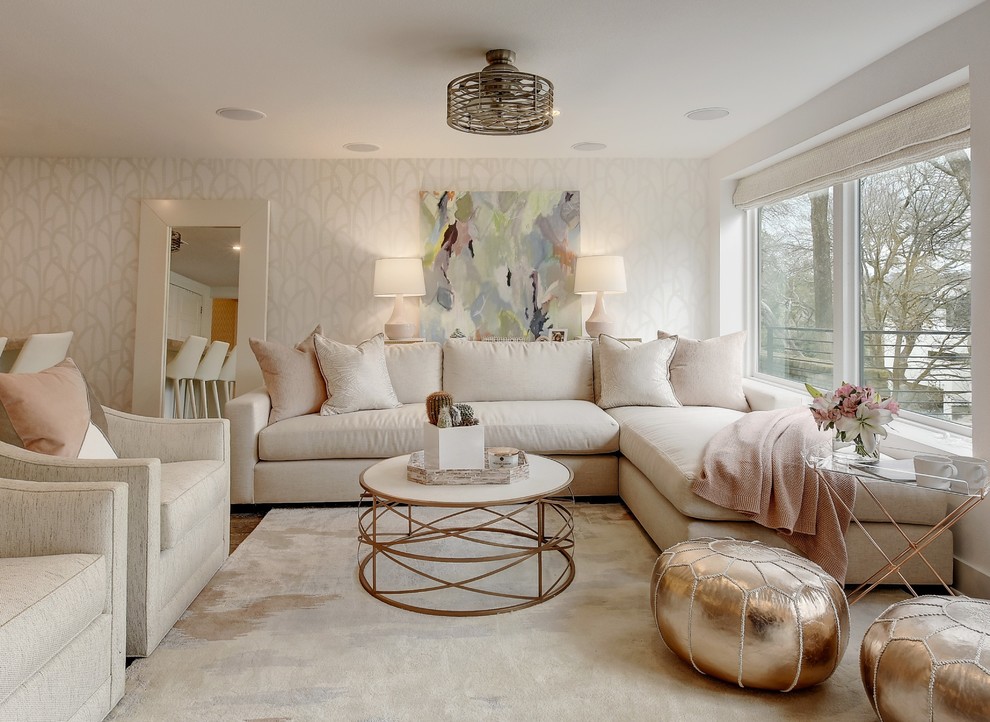 Traditional living room in Austin with beige walls.