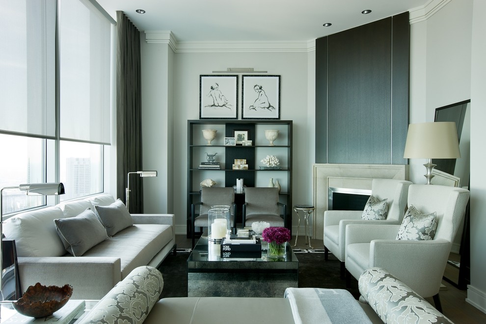 Example of a trendy living room design in Chicago with a corner fireplace