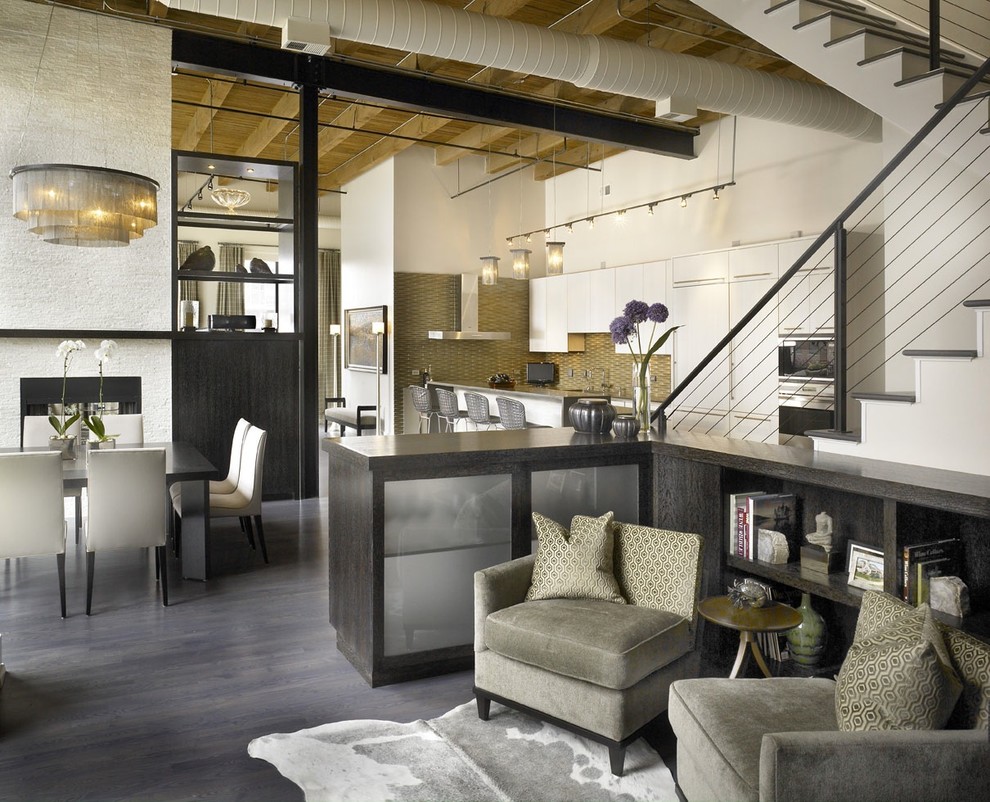 Urban open concept gray floor living room photo in Chicago with white walls
