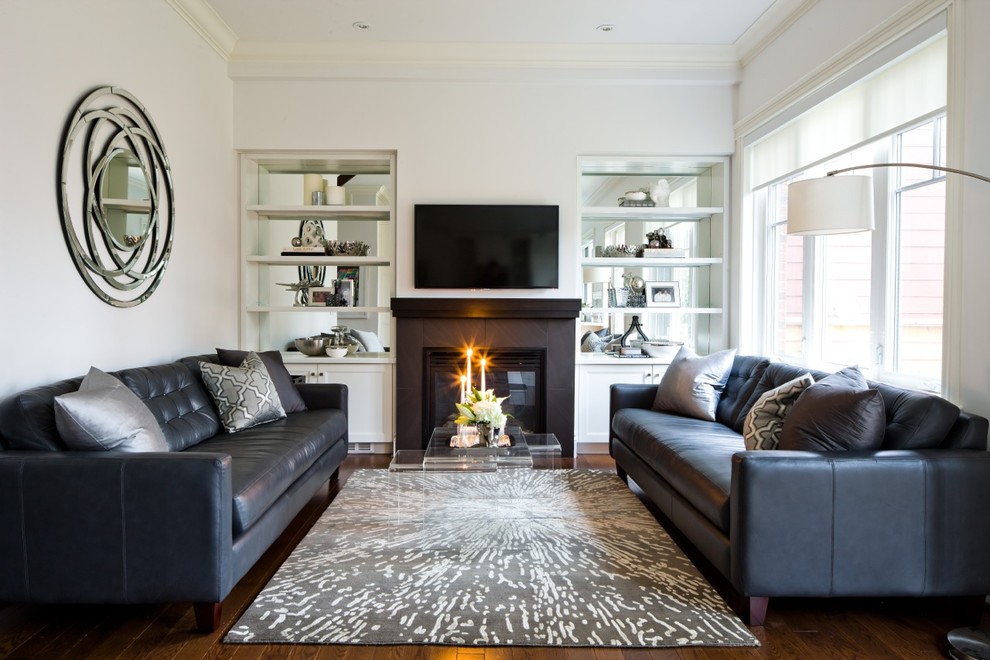 Living room - transitional living room idea in Toronto with a tile fireplace and white walls