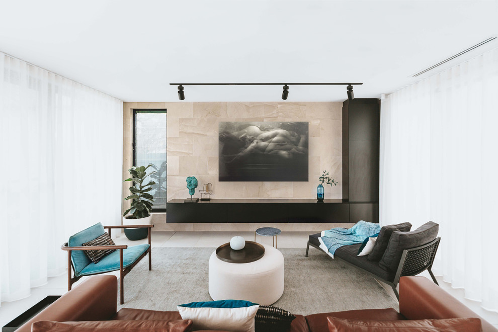 Esempio di un soggiorno minimal chiuso con sala formale, pareti beige e pavimento beige