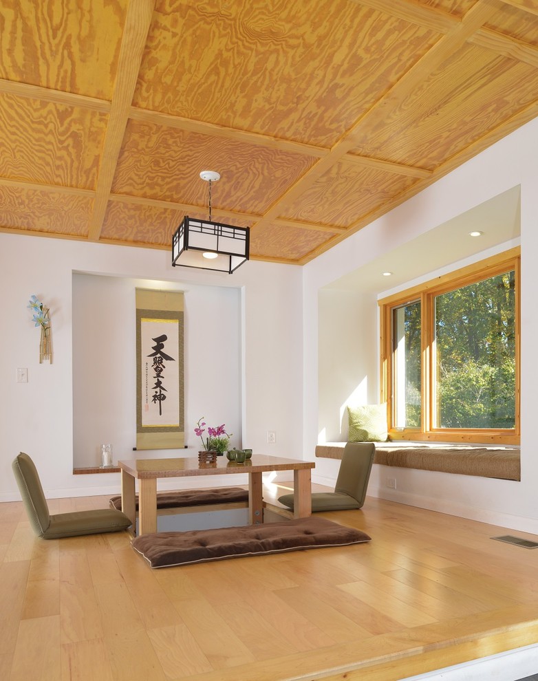 Idéer för att renovera ett mellanstort orientaliskt loftrum, med ett finrum, vita väggar och mellanmörkt trägolv