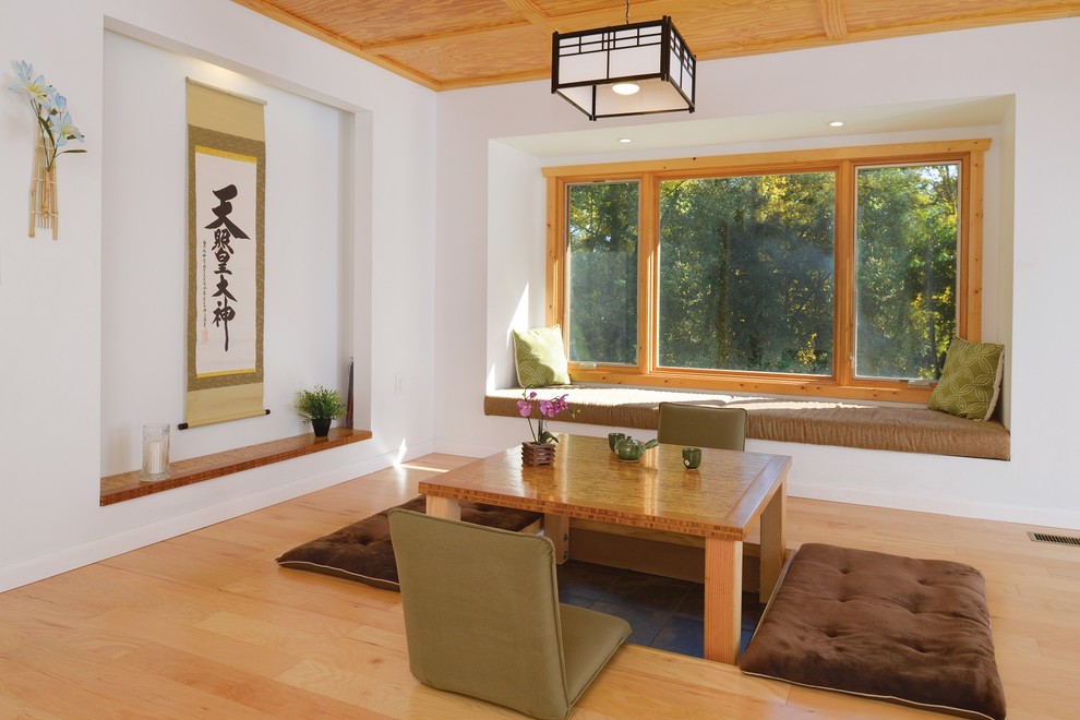 Idéer för ett mellanstort asiatiskt loftrum, med ett finrum, vita väggar och mellanmörkt trägolv