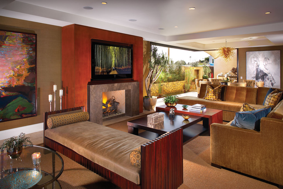 Example of a large open concept ceramic tile and brown floor living room design with brown walls, a concealed tv, a standard fireplace and a stone fireplace