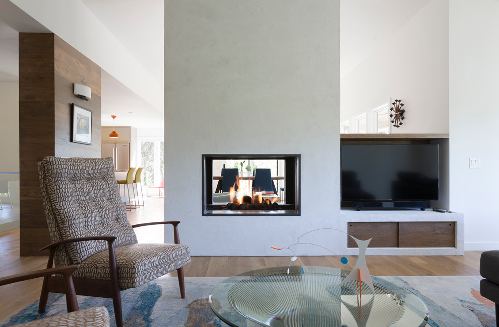 Mid-sized trendy formal and open concept light wood floor and brown floor living room photo in Austin with white walls, a two-sided fireplace, a plaster fireplace and a media wall