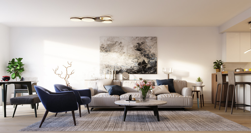 Ejemplo de salón abierto minimalista de tamaño medio con paredes blancas, suelo de madera clara, televisor independiente y suelo amarillo