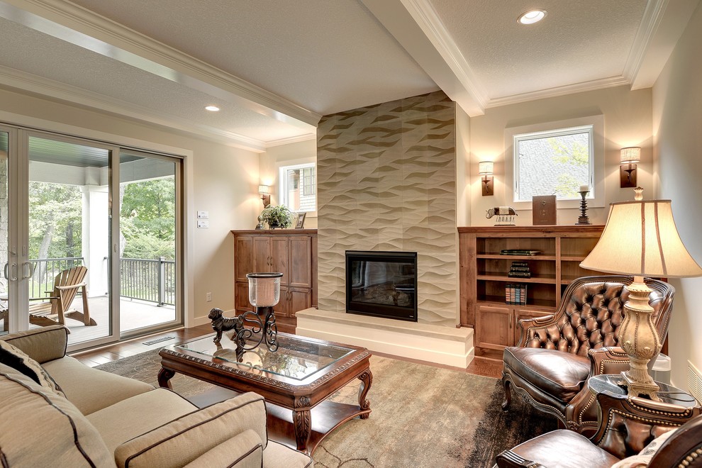 Example of a transitional living room design in Minneapolis with a tile fireplace