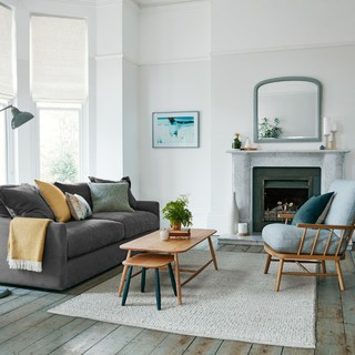 Teal grey and 2024 mustard living room