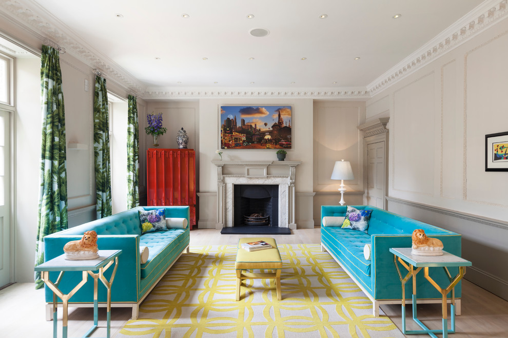 Living room - large contemporary formal light wood floor living room idea in London with beige walls and a standard fireplace