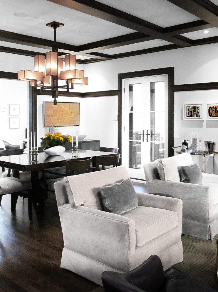 Example of a mid-sized minimalist open concept and formal medium tone wood floor and brown floor living room design in Toronto with white walls, no tv and no fireplace