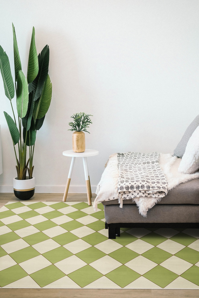 Inspiration för moderna vardagsrum, med vinylgolv och grönt golv