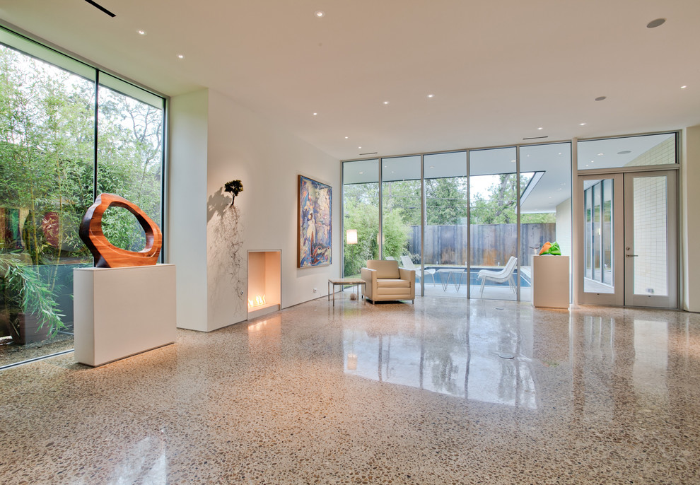 Inspiration for a modern living room remodel in Dallas with white walls
