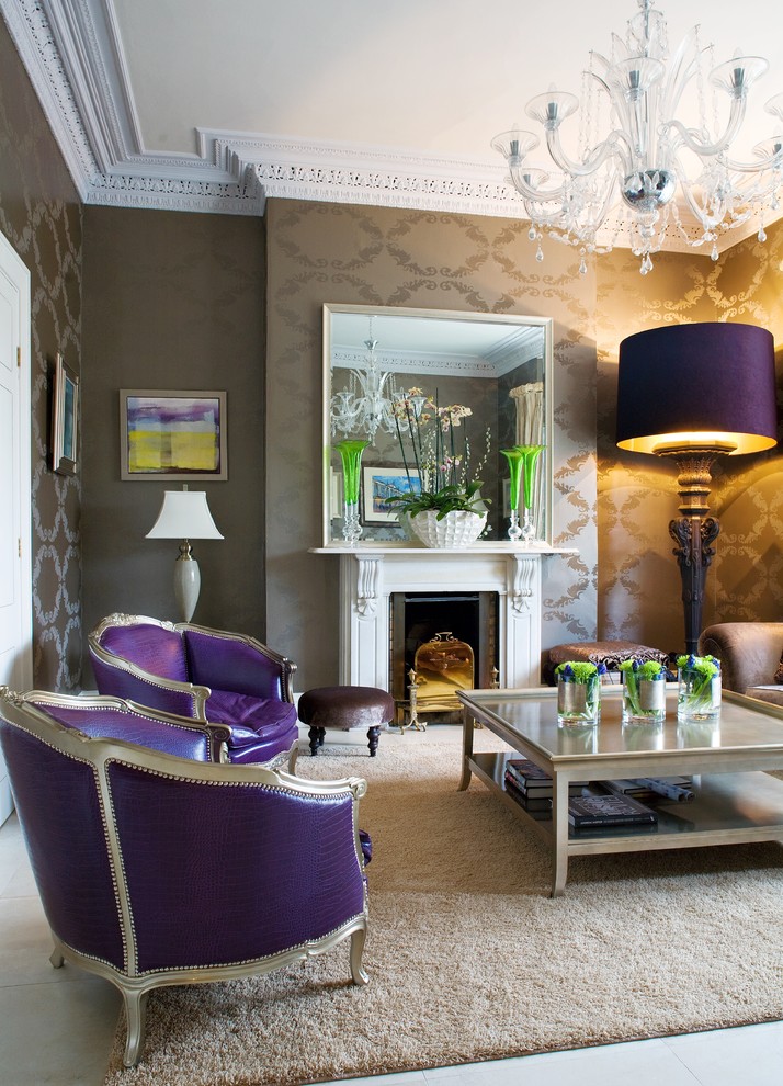 Living room - traditional formal living room idea in Dublin with a standard fireplace and brown walls