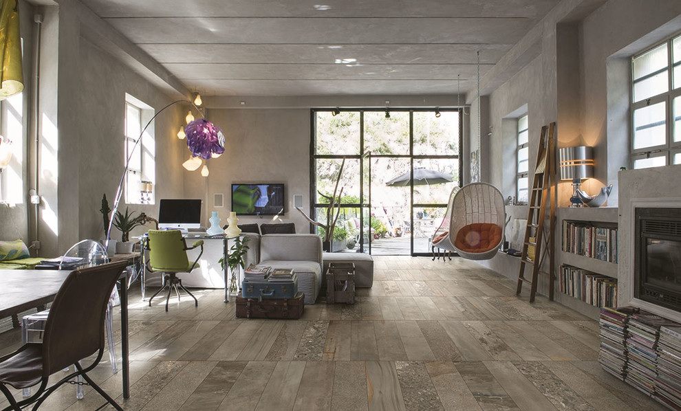 Example of a trendy porcelain tile living room design in Perth