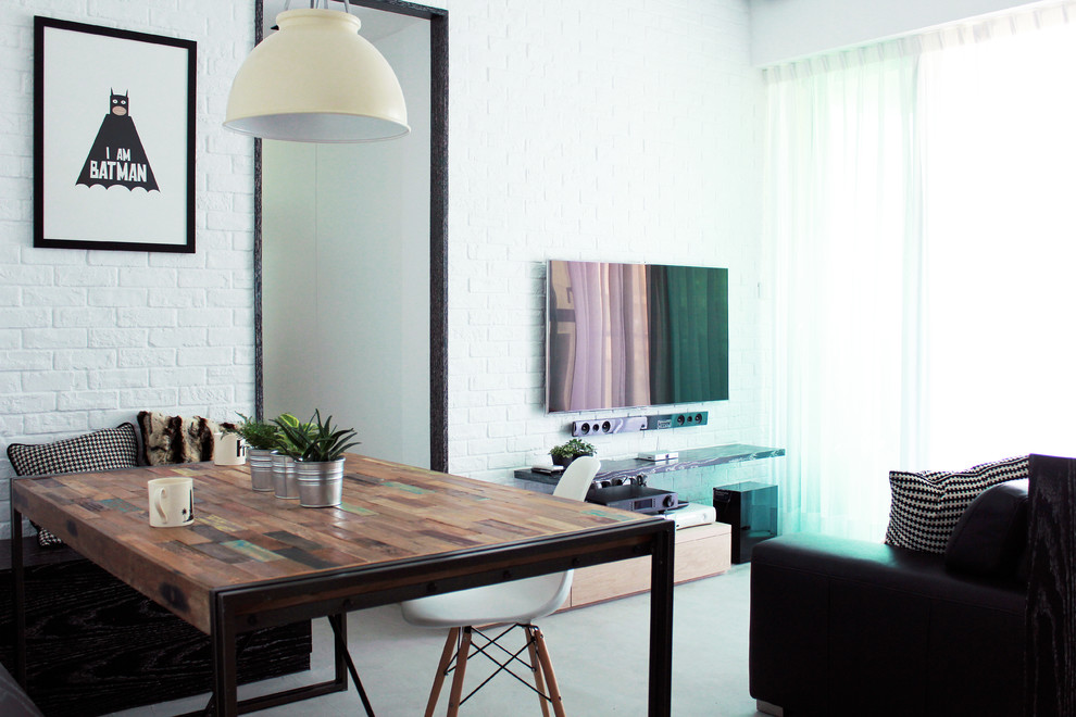 Living room - small modern concrete floor living room idea in Hong Kong with white walls, no fireplace and a wall-mounted tv