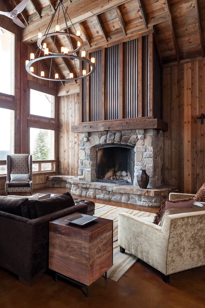 Design ideas for a rustic formal living room in Sacramento with a standard fireplace and a stone fireplace surround.