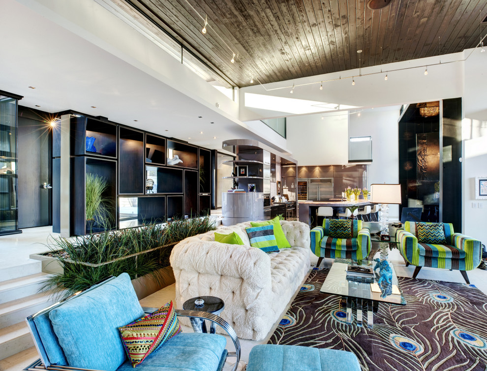 Example of a minimalist open concept living room design in Atlanta with white walls