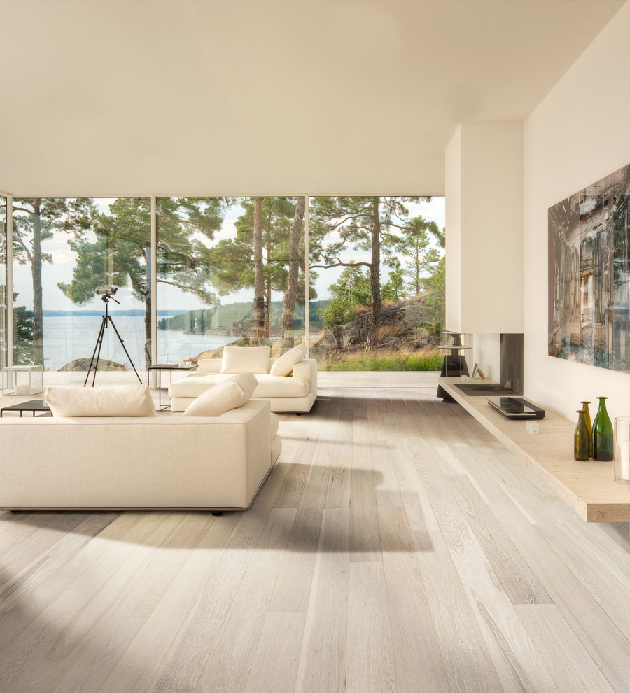 Imagen de salón abierto moderno de tamaño medio sin televisor con paredes blancas, suelo de madera clara, todas las chimeneas y marco de chimenea de yeso