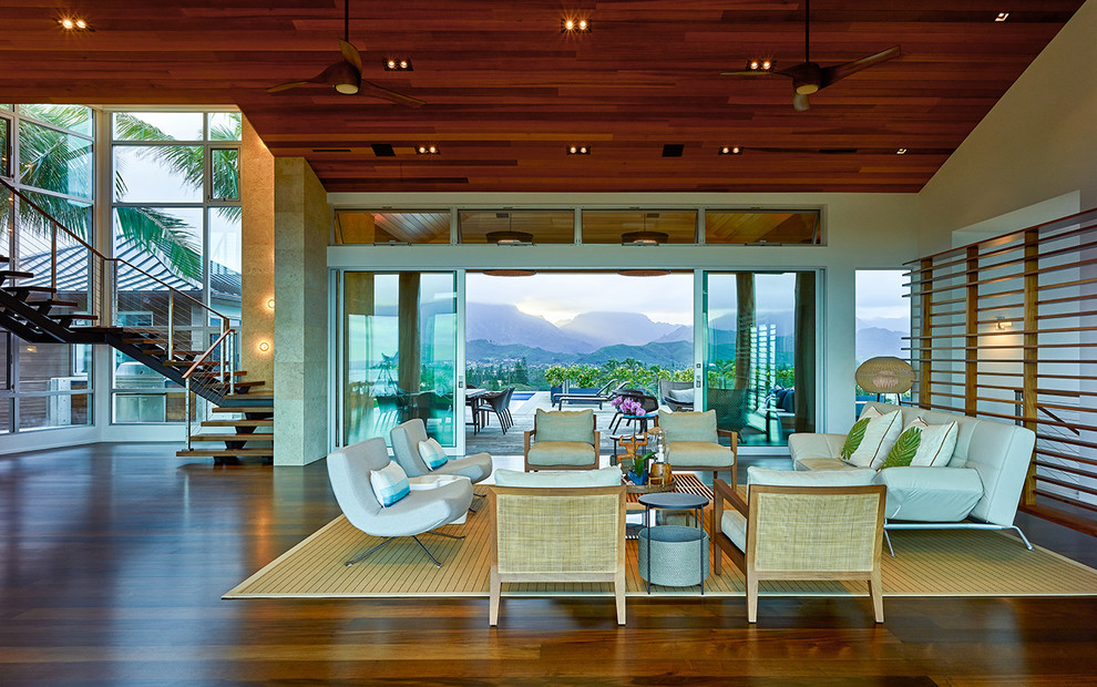 Medium sized world-inspired formal open plan living room in Hawaii with beige walls, dark hardwood flooring, brown floors, no fireplace and no tv.