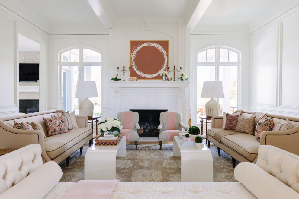 Elegant formal and enclosed medium tone wood floor, brown floor and wall paneling living room photo in Kansas City with white walls and a standard fireplace