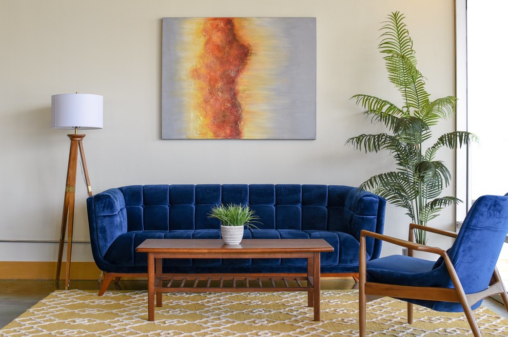 Inspiration for a mid-sized mid-century modern formal and enclosed carpeted living room remodel in Houston with white walls