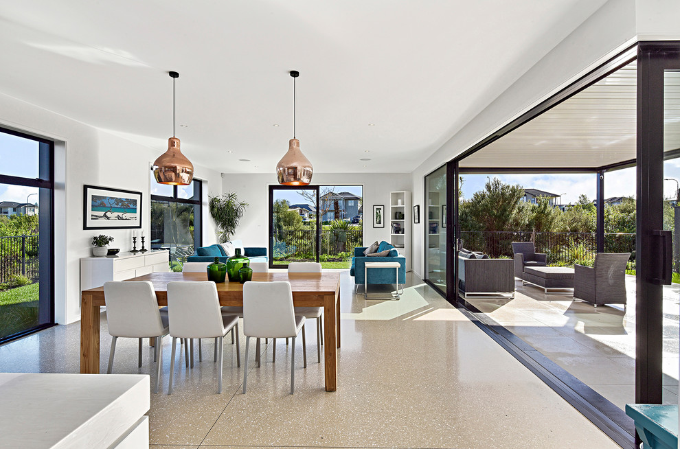 Immagine di un grande soggiorno minimalista aperto con sala formale, pavimento in cemento e pavimento grigio