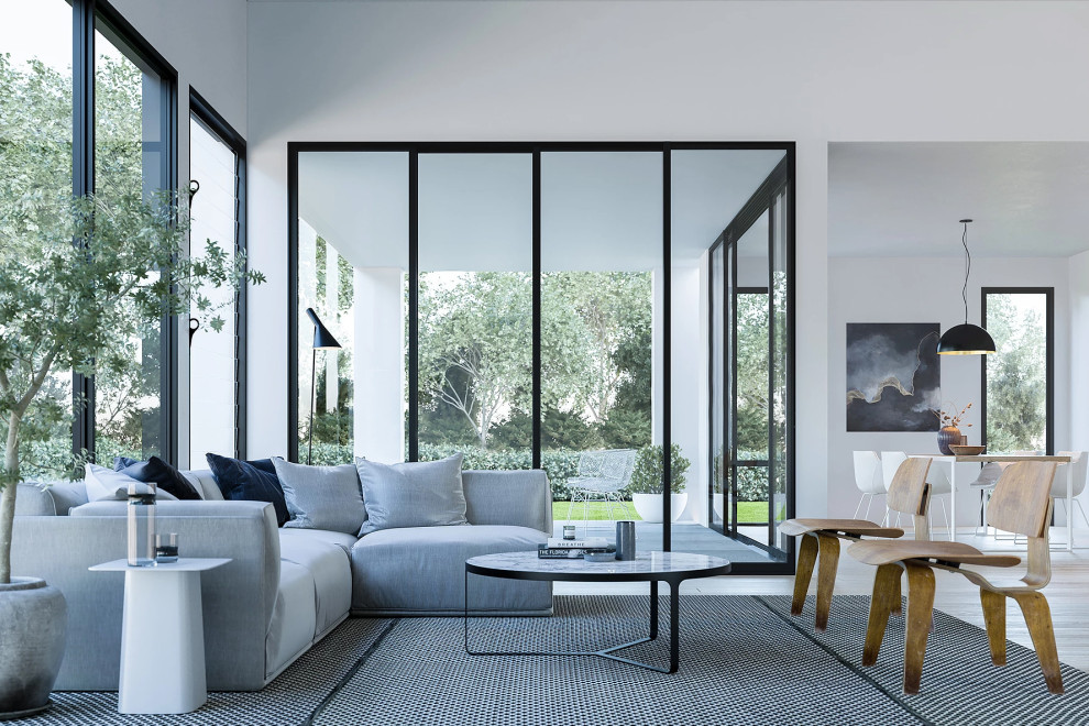 Mittelgroßes, Offenes Modernes Wohnzimmer mit weißer Wandfarbe, hellem Holzboden und braunem Boden in Perth
