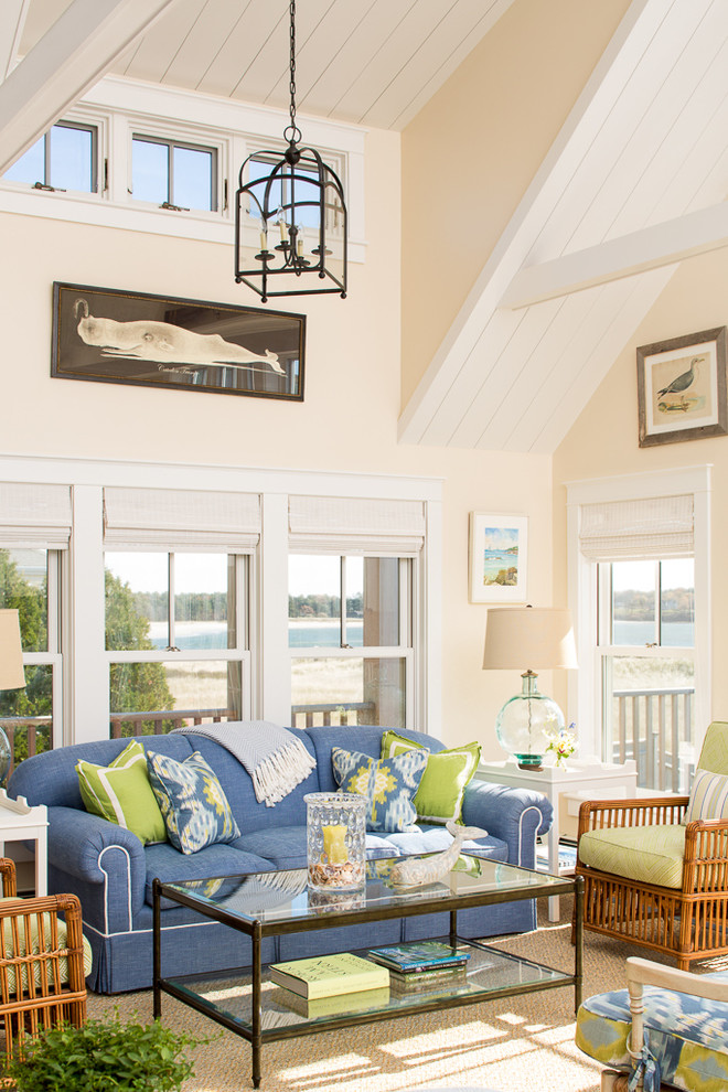 Inspiration for a coastal living room remodel in Portland Maine with beige walls