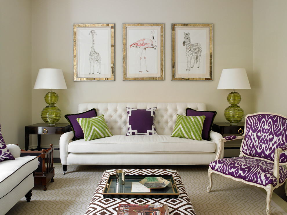 Classic living room in London with beige walls and dark hardwood flooring.