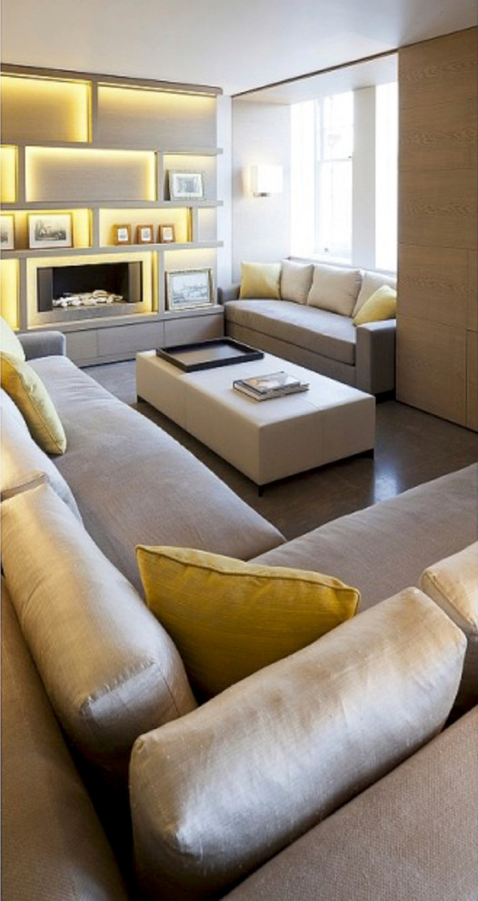 Design ideas for a medium sized contemporary open plan living room in London with a reading nook and white walls.
