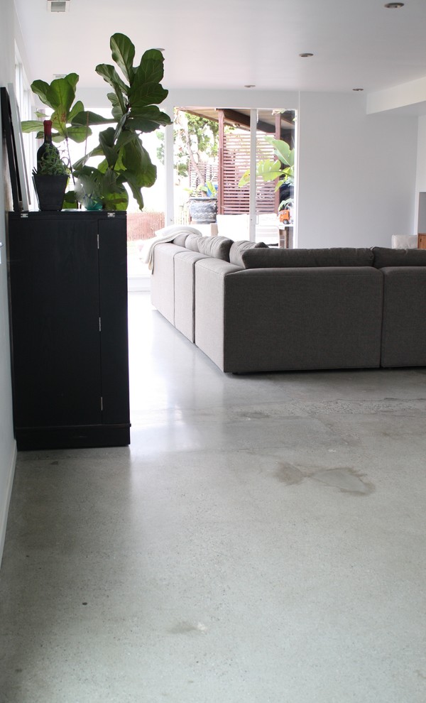 Foto di un soggiorno moderno aperto con pareti bianche, pavimento in cemento, camino classico e TV autoportante