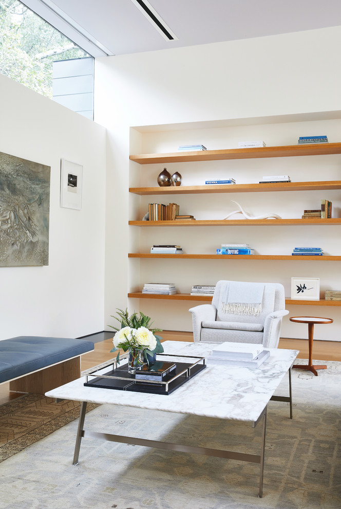 Imagen de biblioteca en casa abierta minimalista de tamaño medio sin televisor con paredes blancas, suelo de madera clara, todas las chimeneas, marco de chimenea de yeso y suelo marrón