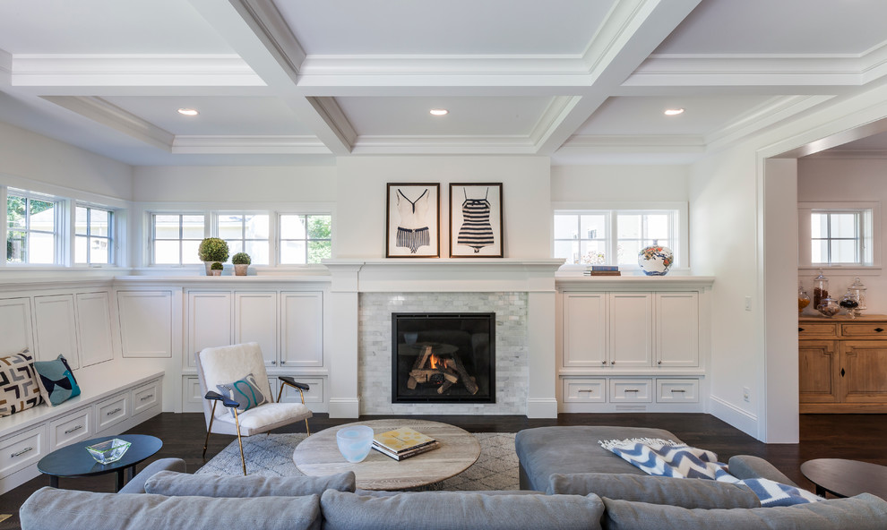 Example of a classic living room design in Minneapolis with a standard fireplace, a tile fireplace and no tv