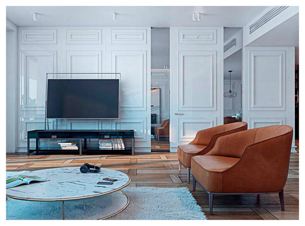 Esempio di un soggiorno contemporaneo di medie dimensioni e stile loft con sala formale, pareti bianche, pavimento in legno massello medio, nessun camino e TV a parete