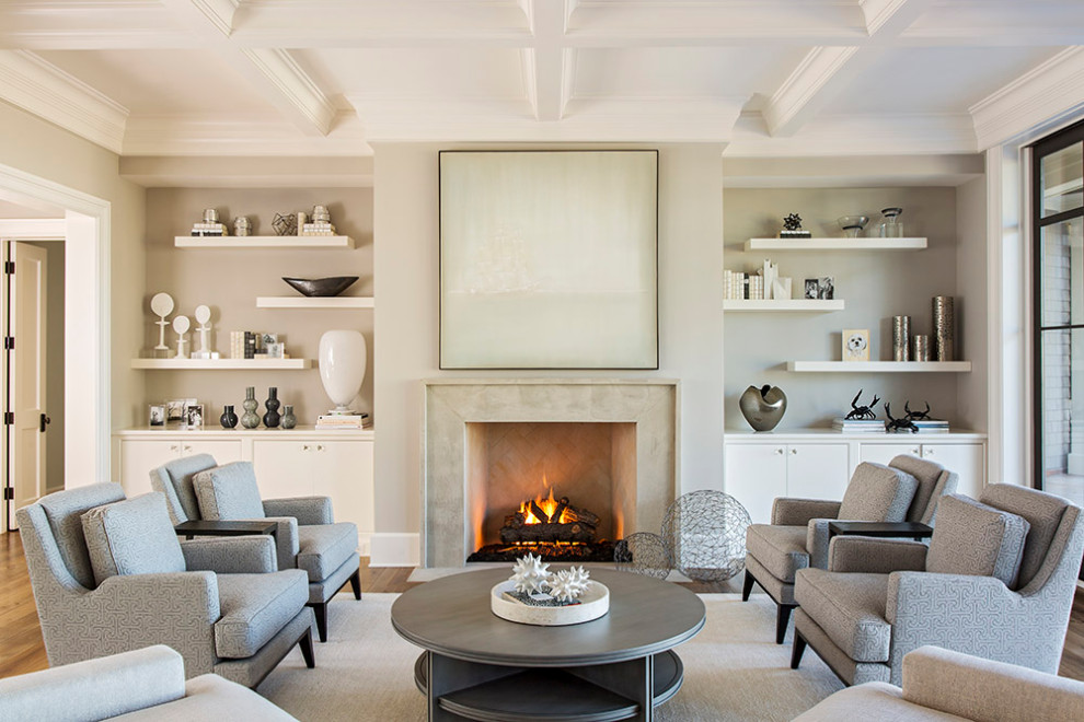 Beach style formal medium tone wood floor and coffered ceiling living room photo in Charleston with gray walls and a standard fireplace