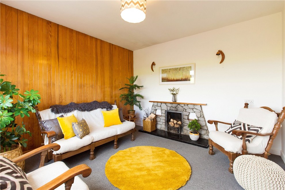 Example of a mid-sized 1960s enclosed carpeted living room design in Dublin with white walls, a standard fireplace and a stone fireplace