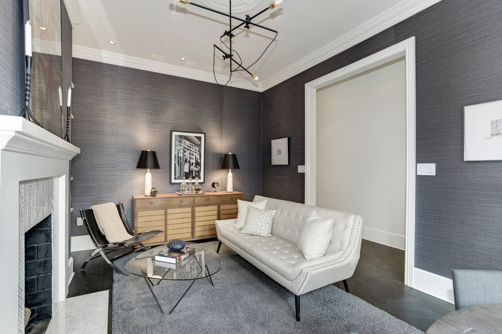 На фото: парадная, изолированная гостиная комната среднего размера в современном стиле с серыми стенами, полом из керамогранита, стандартным камином, фасадом камина из плитки и серым полом без телевизора