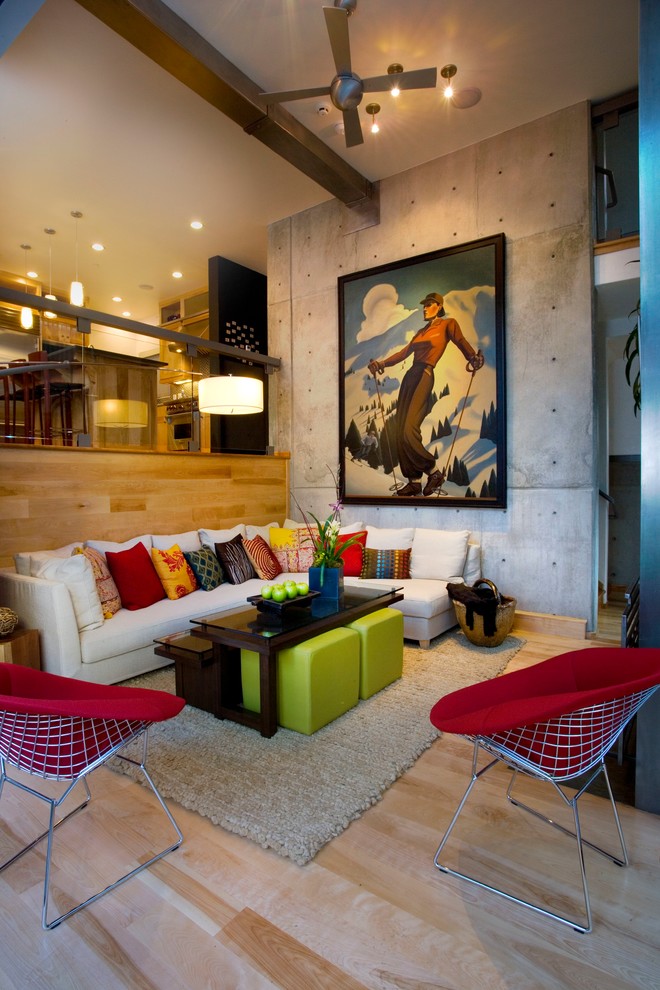 Example of a large urban enclosed light wood floor and brown floor living room design in Salt Lake City