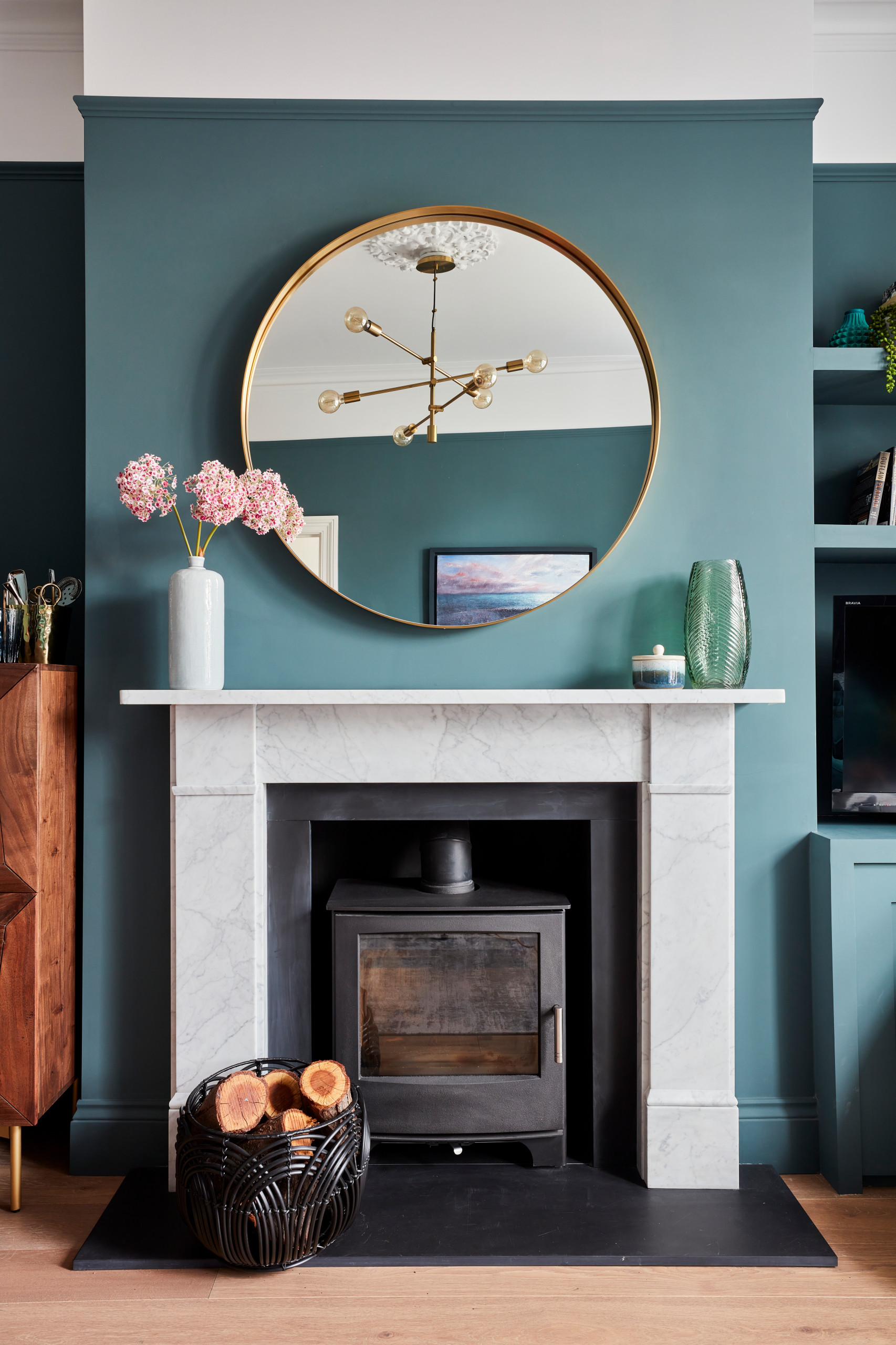 teal and cream living room