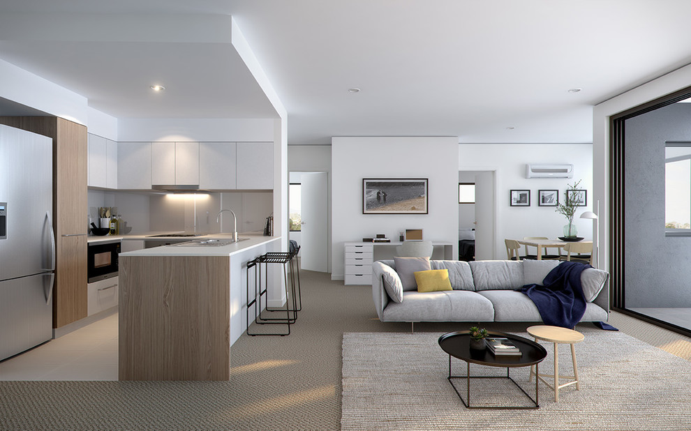 Medium sized contemporary open plan living room in Brisbane with white walls, carpet, no fireplace and beige floors.