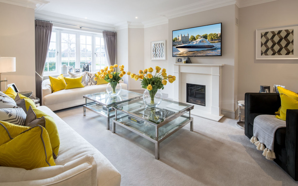 Inspiration for a medium sized classic enclosed living room in Berkshire with brown walls, carpet, a standard fireplace, a stone fireplace surround, a wall mounted tv and grey floors.