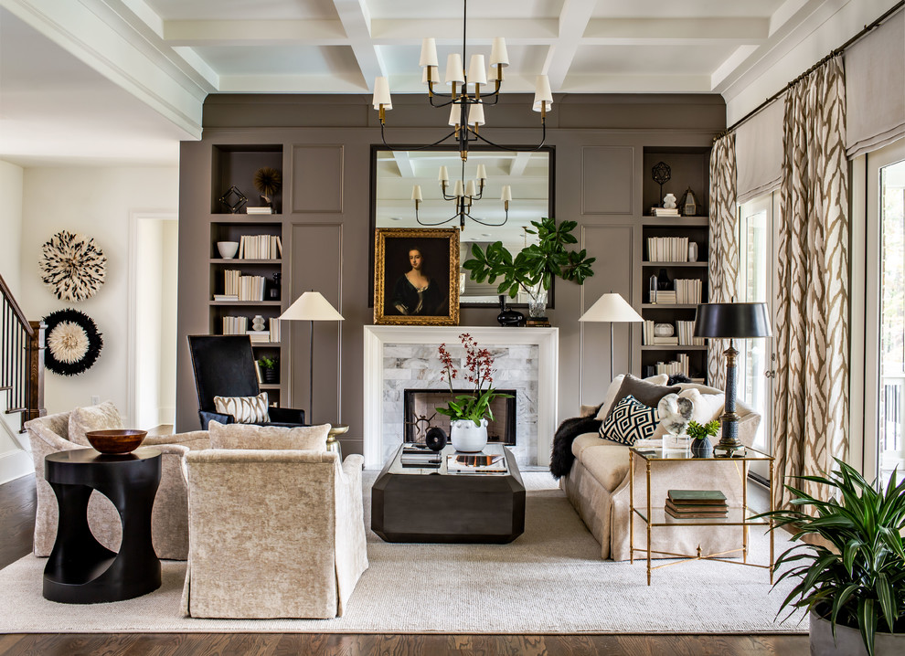 Living room - transitional medium tone wood floor and brown floor living room idea in Atlanta with brown walls, a standard fireplace and a tile fireplace